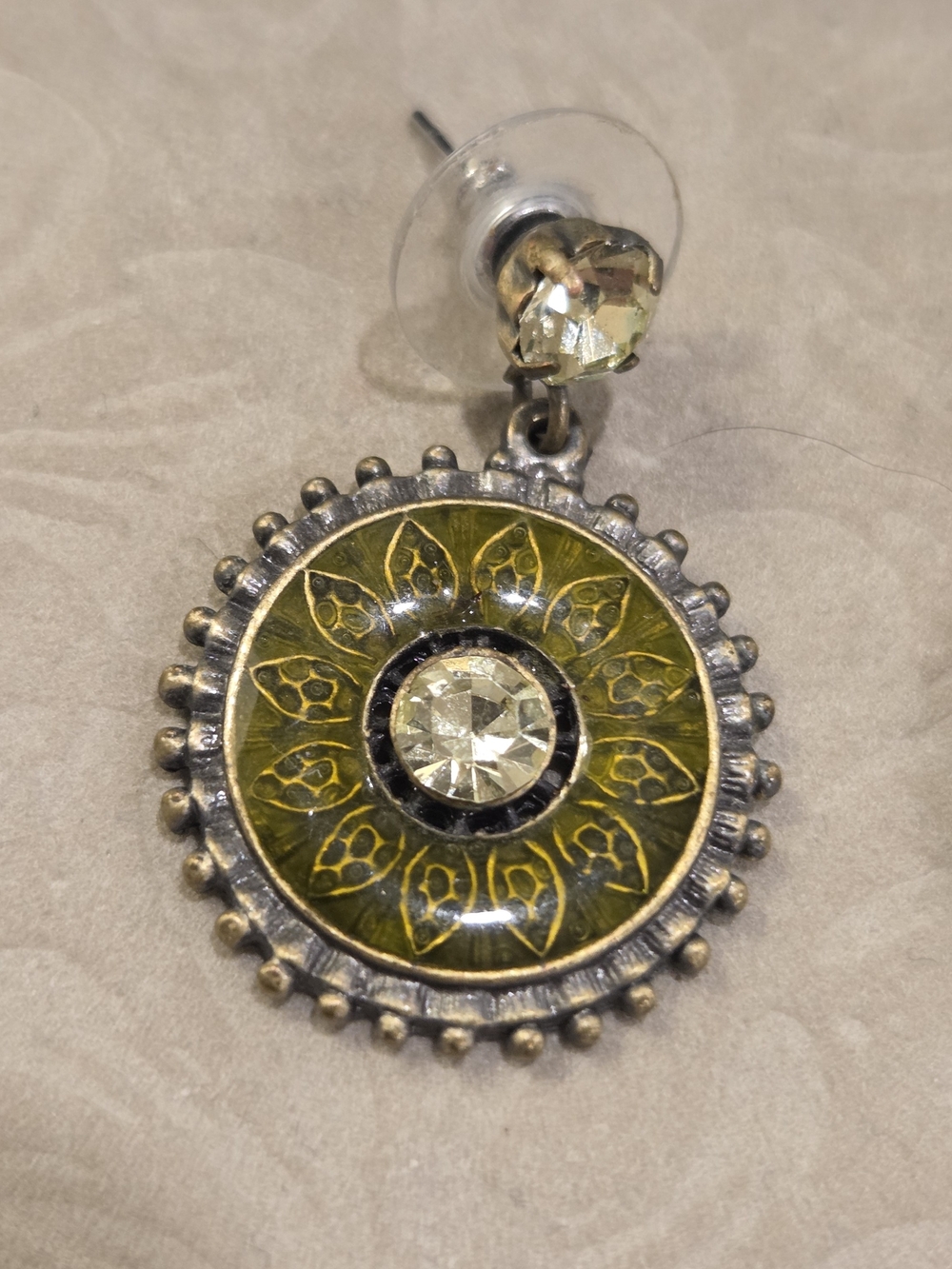 Green Enamel and Crystal Drop Earrings - Picture 3 of 4